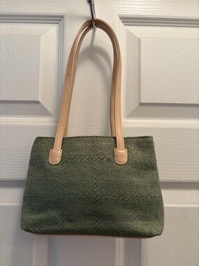 Stone Mountain Green Woven Tote Purse with Tan Leather Straps